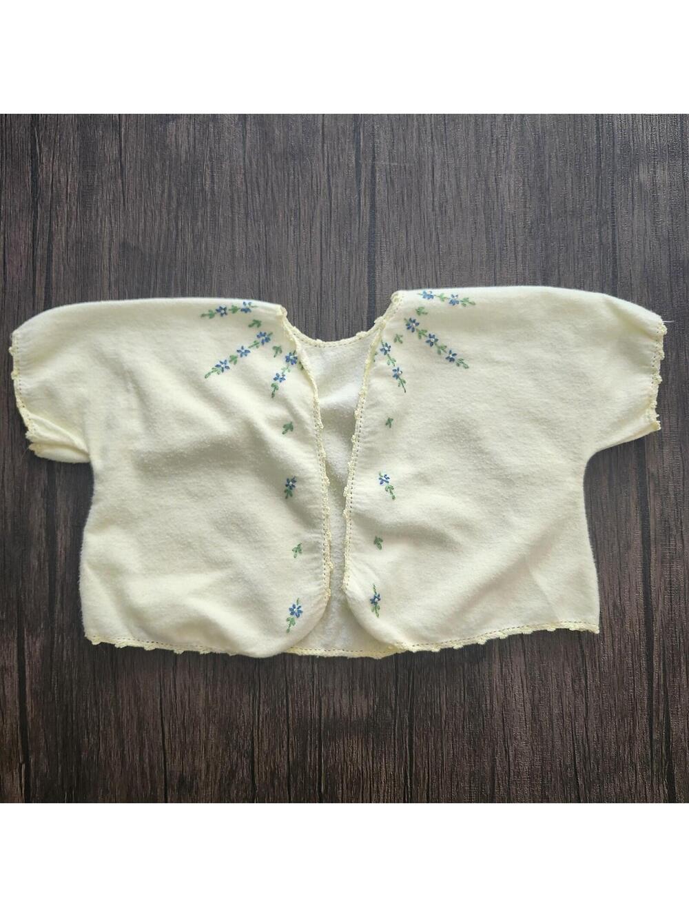 Vintage Embroidered Flannel Baby Jacket Yellow Blue Flowers Open Front 1950's